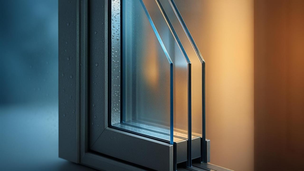 ross-section view of a modern window frame with multiple panes of glass