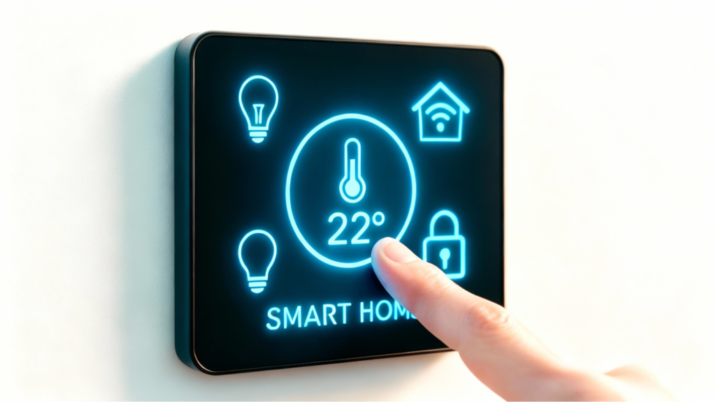 close-up shot of a person's finger touching a smart home control panel